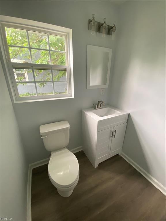 bathroom featuring vanity, toilet, and wood-type flooring