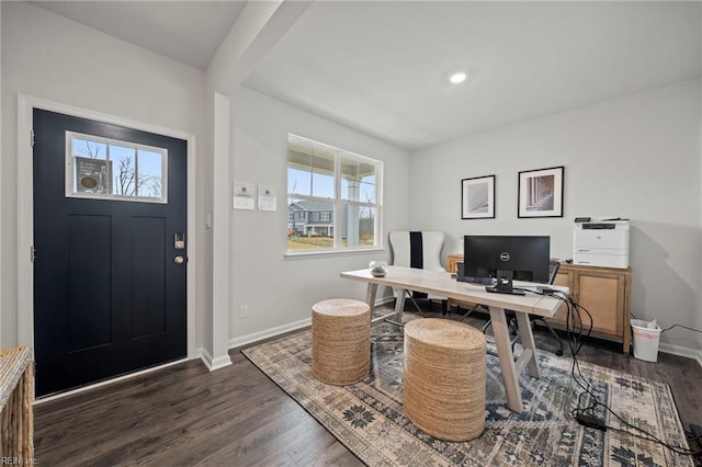 home office featuring dark hardwood / wood-style flooring