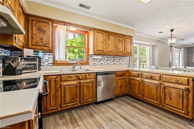 kitchen featuring a sink, dishwasher, under cabinet range hood, visible vents, and electric range