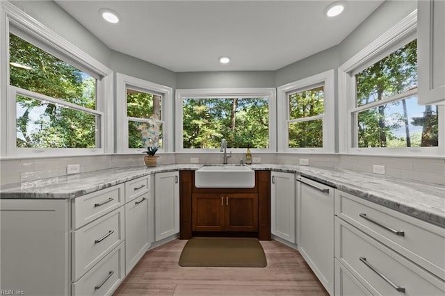 kitchen featuring plenty of natural light, sink, tasteful backsplash, and light hardwood / wood-style floors