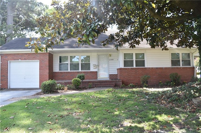 single story home with a garage and a front lawn