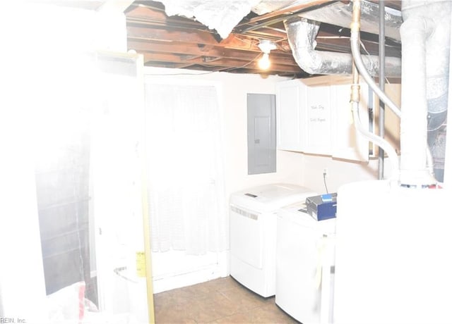 clothes washing area featuring electric panel and independent washer and dryer