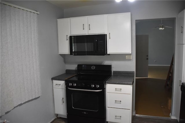 kitchen featuring black appliances, ceiling fan, and white cabinetry