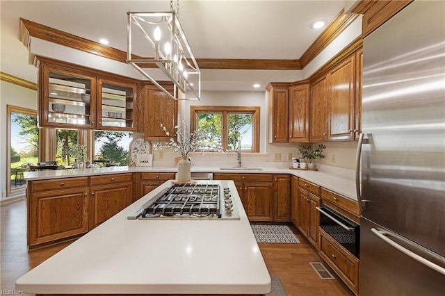 kitchen featuring dark hardwood / wood-style floors, stainless steel appliances, a center island, and decorative light fixtures