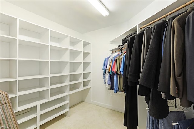 walk in closet with light colored carpet