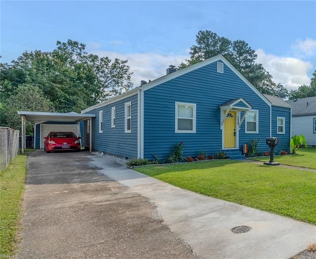 view of front facade featuring a carport and a front lawn