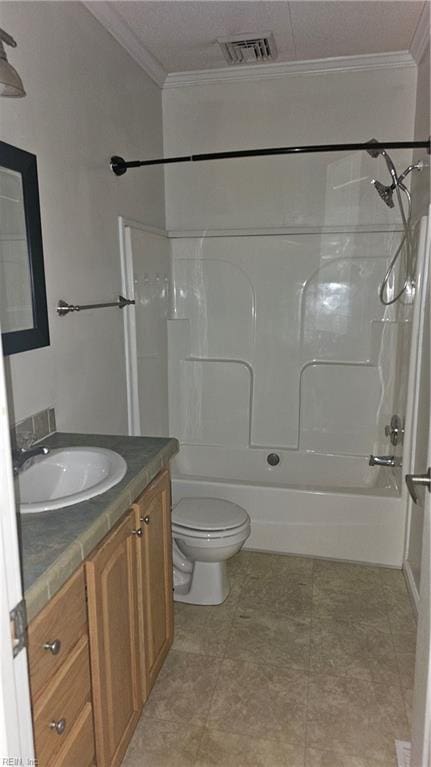 full bathroom with  shower combination, vanity, toilet, and crown molding