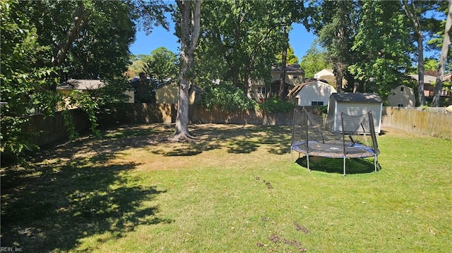 view of yard with a storage shed and a trampoline