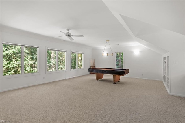 playroom featuring billiards, light colored carpet, vaulted ceiling, and ceiling fan