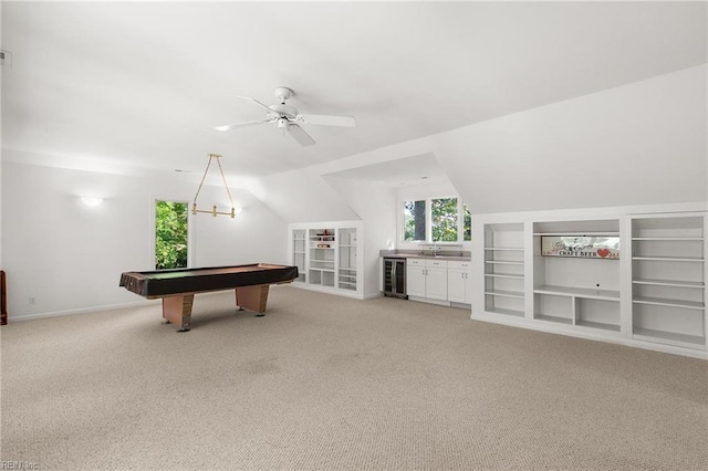 playroom with lofted ceiling, beverage cooler, ceiling fan, and pool table