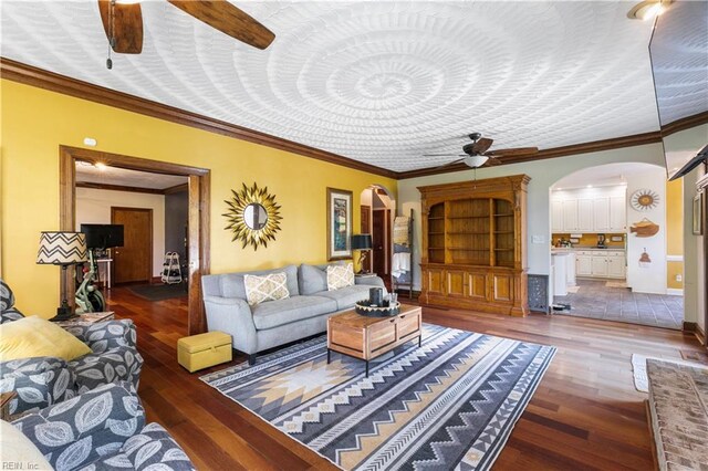 exercise room featuring hardwood / wood-style floors, ceiling fan, and ornamental molding