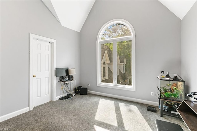 carpeted home office with baseboards and vaulted ceiling