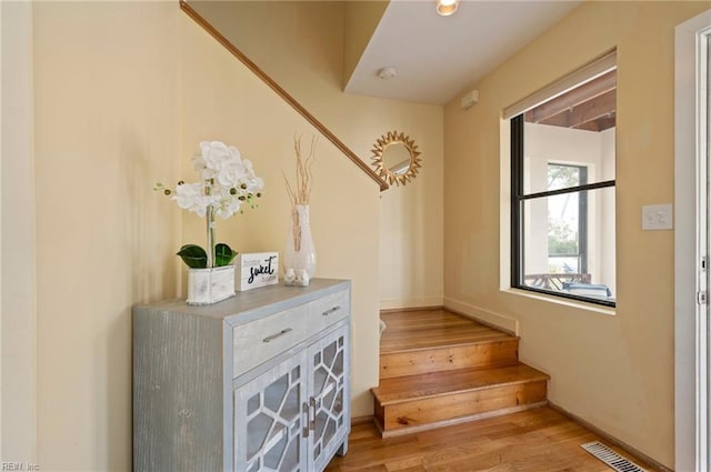 staircase with hardwood / wood-style floors