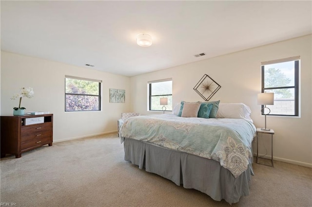 bedroom featuring multiple windows and light carpet