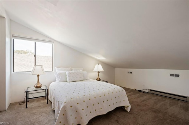 carpeted bedroom with lofted ceiling and a baseboard radiator