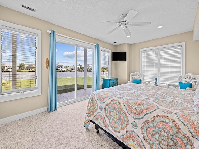 bedroom with access to exterior, ceiling fan, carpet floors, and multiple windows