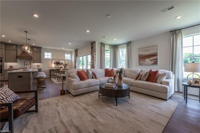 living room with a healthy amount of sunlight and light hardwood / wood-style floors