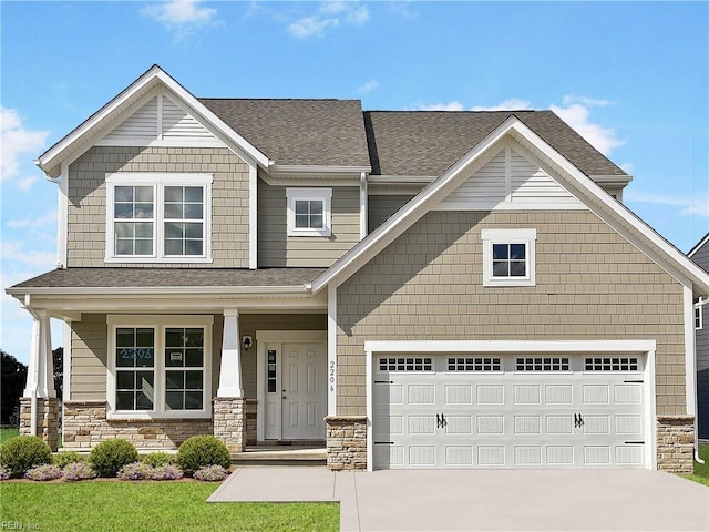 2226 Patrick Dr, Suffolk, VA 23435 - craftsman house featuring a garage, covered porch, stone siding, and concrete driveway