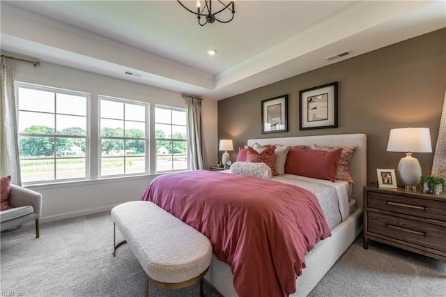 2226 Patrick Dr, Suffolk, VA 23435 - carpeted bedroom featuring a tray ceiling, visible vents, baseboards, and ornamental molding