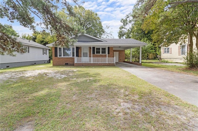 view of front of house featuring a front yard, a carport, and a porch