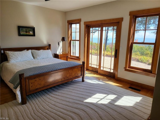 bedroom featuring light hardwood / wood-style flooring, multiple windows, and access to exterior