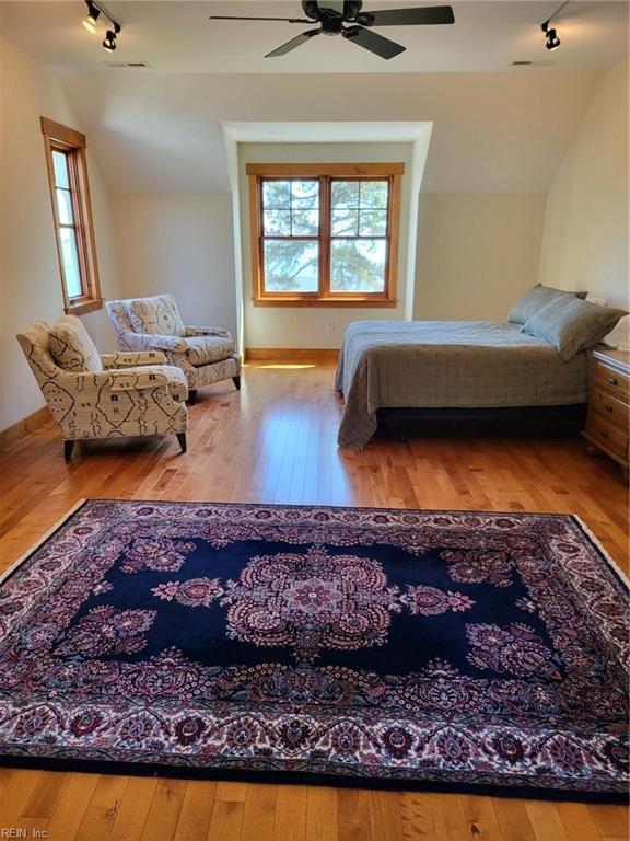 bedroom with ceiling fan, light hardwood / wood-style flooring, multiple windows, and rail lighting