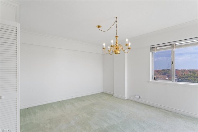 dining area featuring light colored carpet, an inviting chandelier, crown molding, and a healthy amount of sunlight