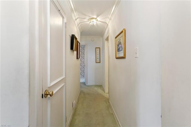 hall with light colored carpet and crown molding