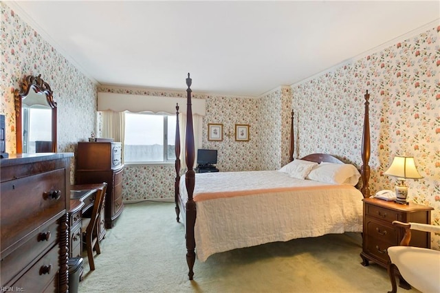 bedroom featuring ornamental molding and light colored carpet