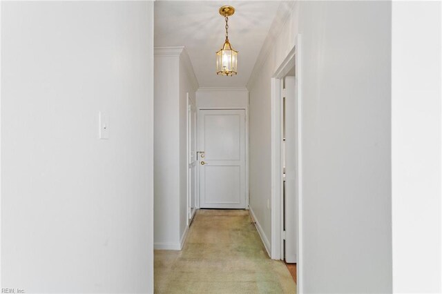 living room with light carpet and ornamental molding