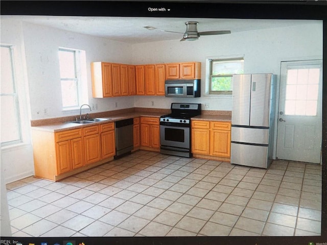 kitchen featuring ceiling fan, appliances with stainless steel finishes, plenty of natural light, and sink