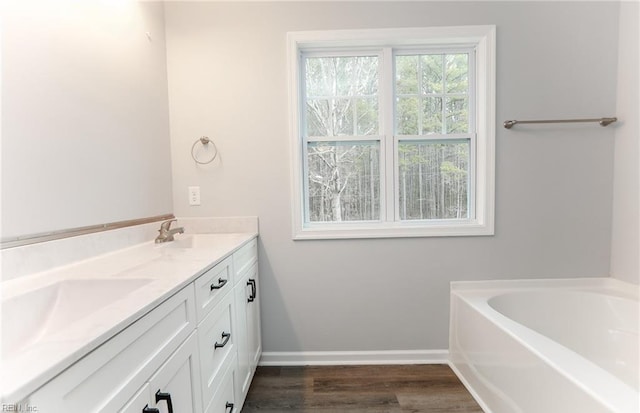 bathroom featuring a bath, wood-type flooring, and vanity