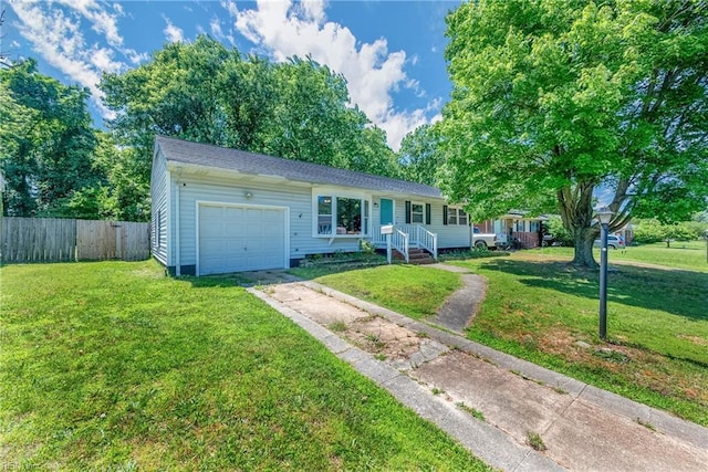 ranch-style house with a garage and a front lawn