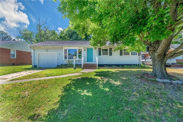 ranch-style home with a front yard and a garage