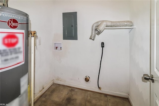 laundry area with washer hookup, electric panel, and water heater