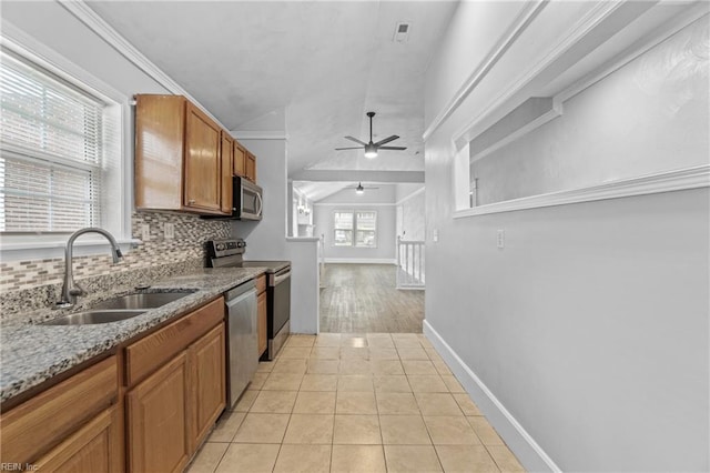 kitchen featuring stainless steel appliances, ceiling fan, a healthy amount of sunlight, and sink