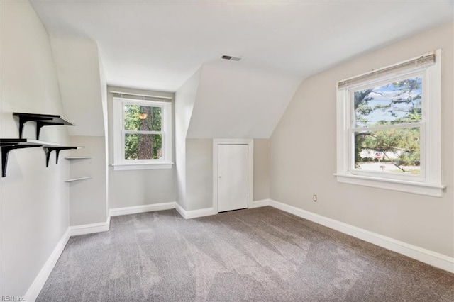 bonus room featuring light carpet, lofted ceiling, and a wealth of natural light