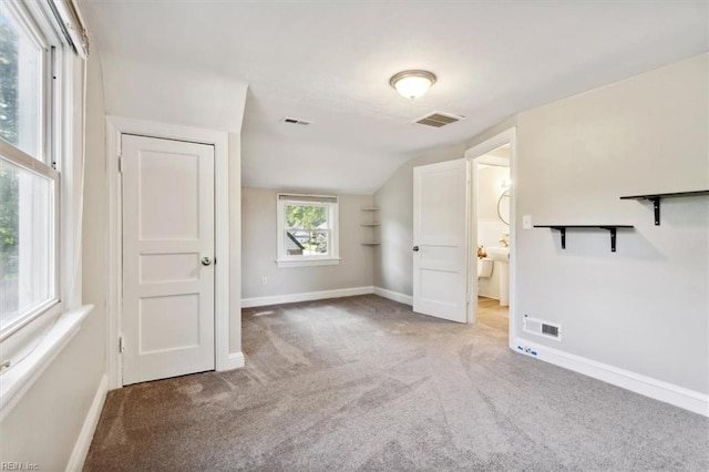 additional living space featuring lofted ceiling and carpet flooring