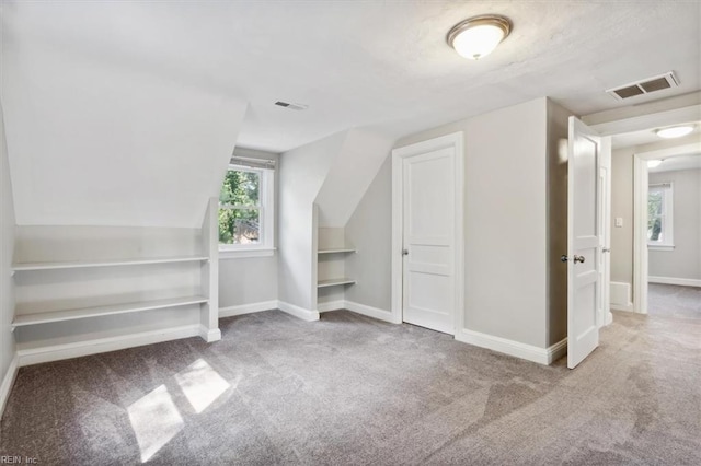 bonus room with lofted ceiling and carpet floors