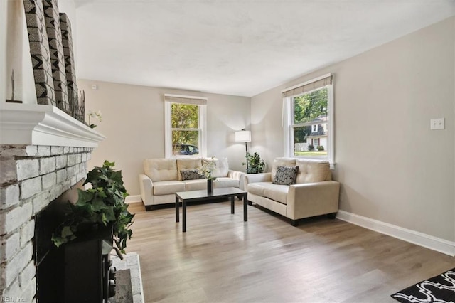 living room featuring a healthy amount of sunlight, wood-type flooring, and a fireplace