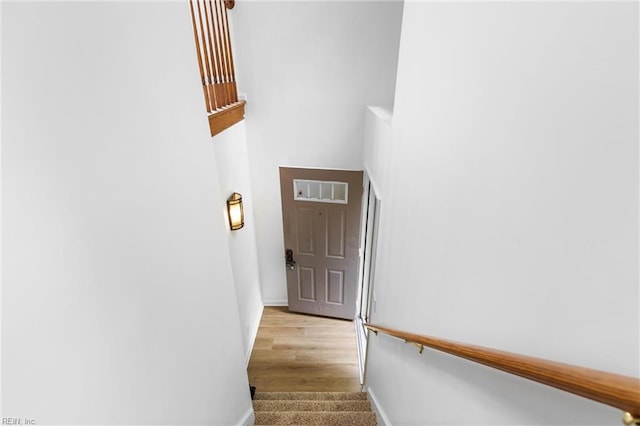 stairway with hardwood / wood-style flooring