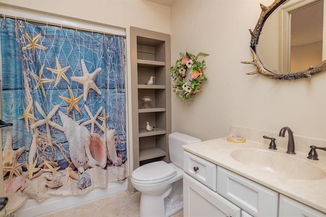 full bathroom with shower / bathtub combination with curtain, vanity, tile patterned flooring, built in features, and toilet