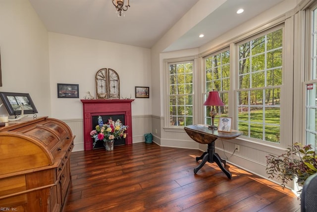 sitting room featuring plenty of natural light and dark hardwood / wood-style flooring