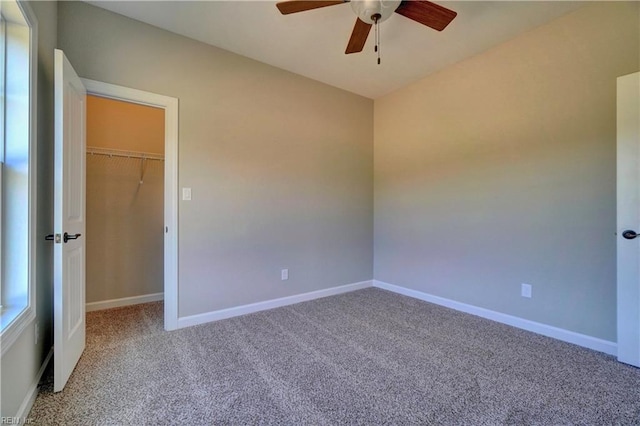 unfurnished bedroom featuring carpet flooring, a spacious closet, ceiling fan, and a closet