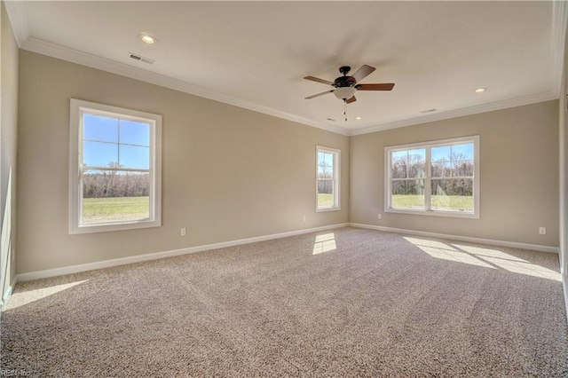 carpeted spare room with crown molding and ceiling fan