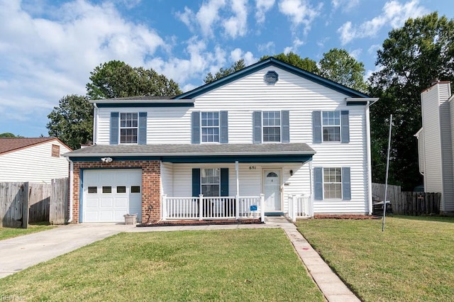 view of property featuring a front yard, a porch, and a garage