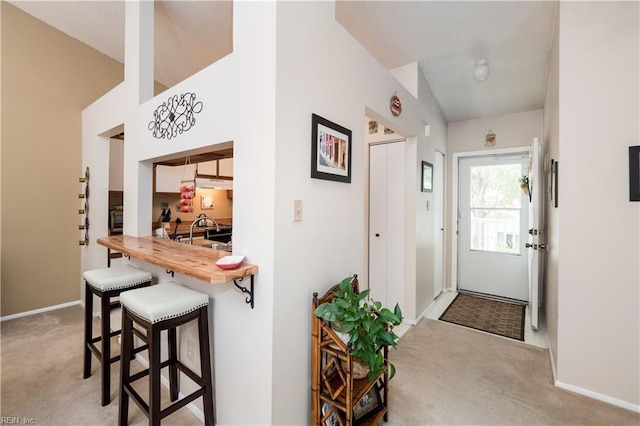 foyer featuring light colored carpet and sink