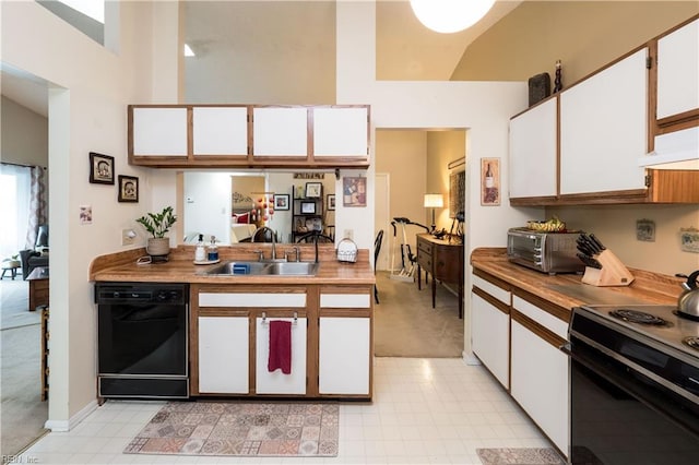 kitchen with white cabinetry, range with electric stovetop, black dishwasher, ventilation hood, and sink