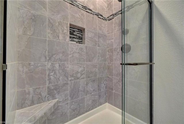 bathroom featuring a shower with shower door