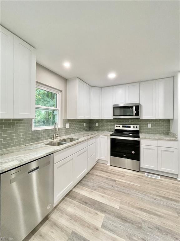 kitchen with sink, white cabinetry, stainless steel appliances, light hardwood / wood-style floors, and decorative backsplash